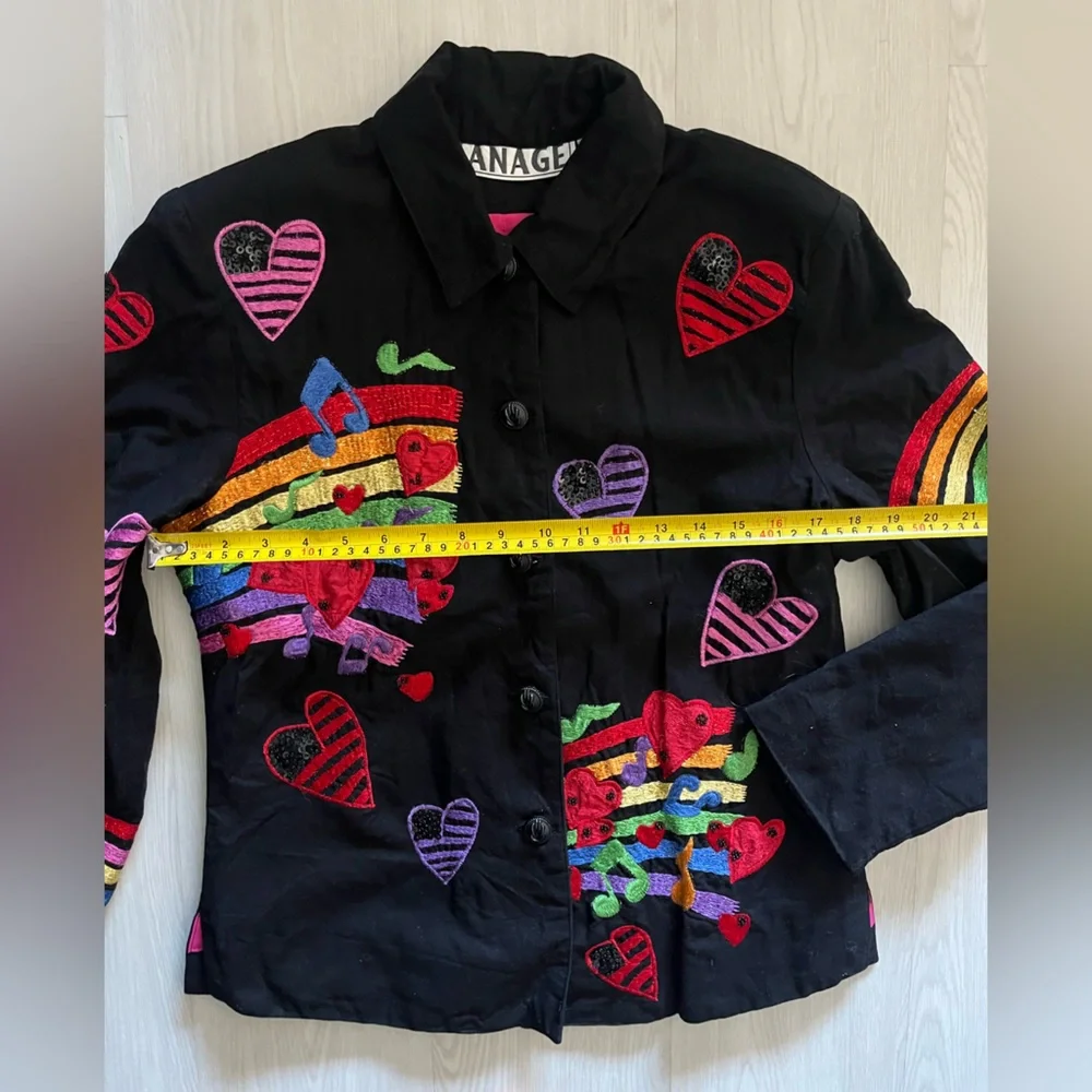 music notes with sequins and rainbow jacket with a funky, retro branded anage - Picture 7 of 8